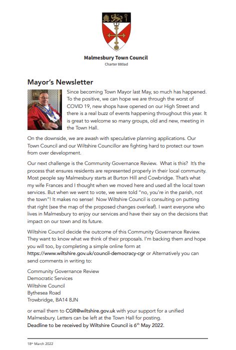 Mayor of Malmesbury Newsletter - March 2022